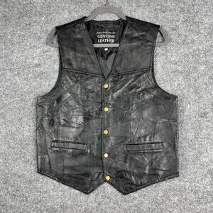 Italian Stone Vest Mens Size M Black Genuine Leather Western Biker Snap